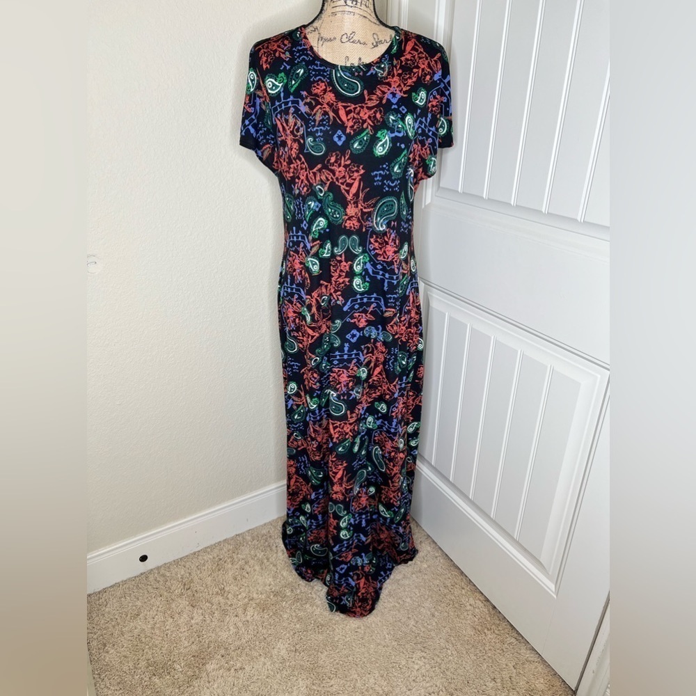 LuLaRoe Discontinued Black with Multicolor Floral Print Ana Dress Size Large - Picture 5 of 9